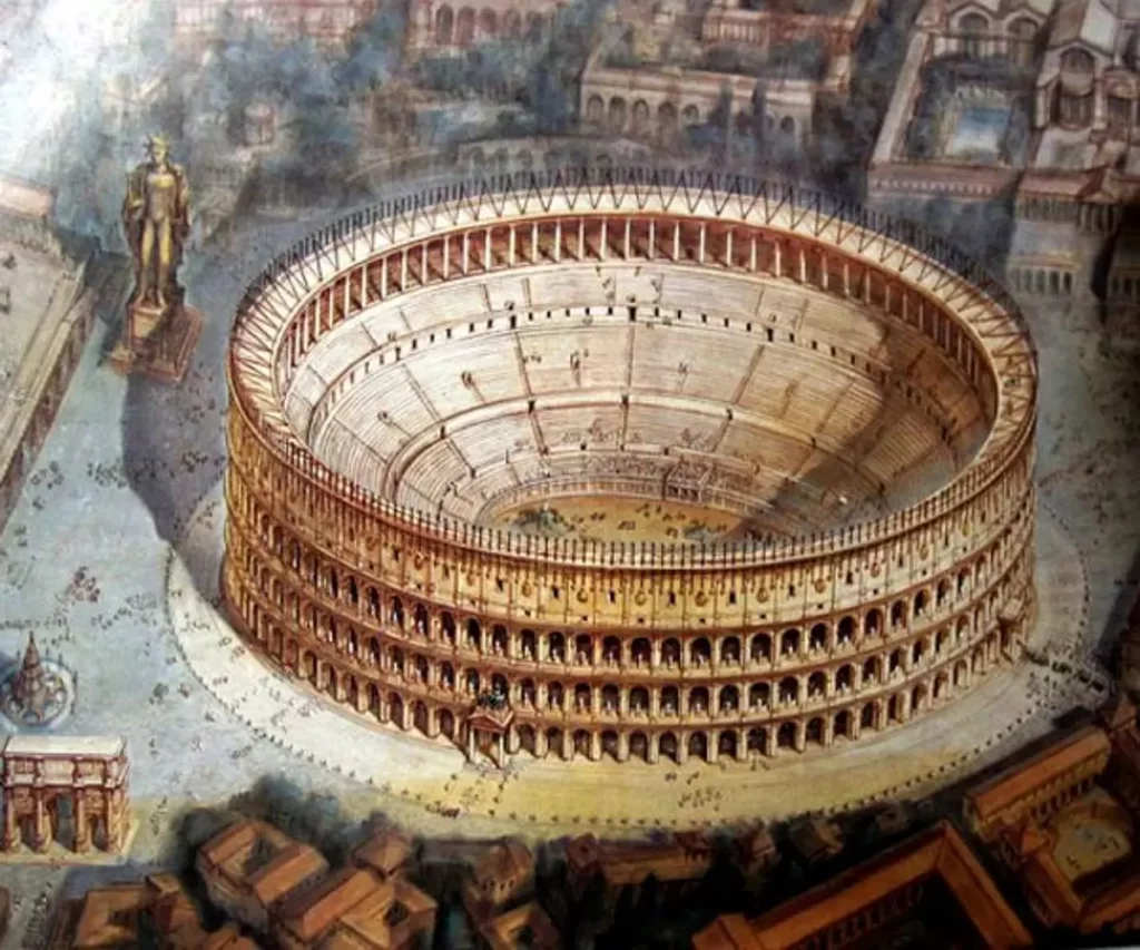 Interior view of the Colosseum showing arches and seating tiers